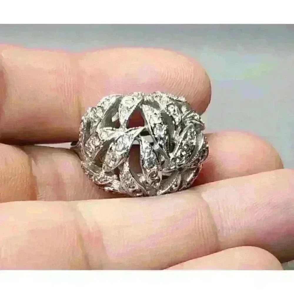 Sterling Silver Pave Leaves Dome Ring .925 Band CZ Ring Cubic Zirconia Size 8